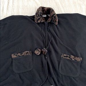Le Moda Black Fleece Cape with Leopard details